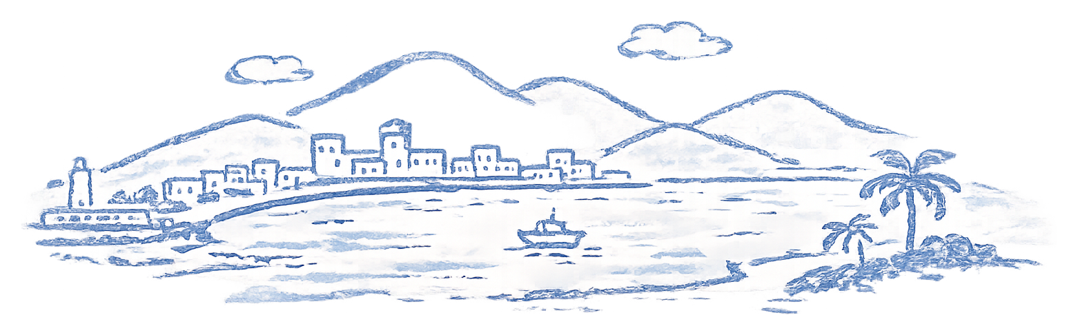 名瀬のまちなみと海のイラスト